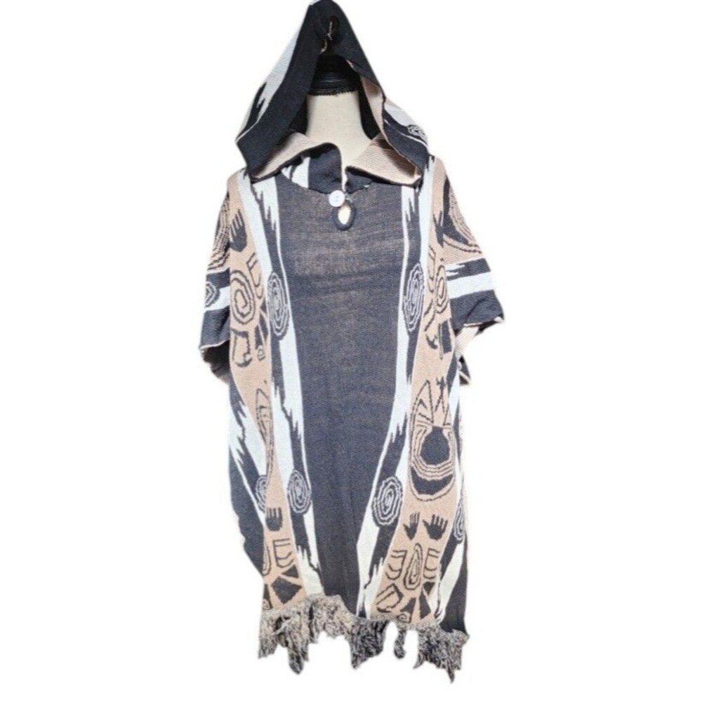 Poncho Knit Boho Hippie One Size Hooded Open Sides